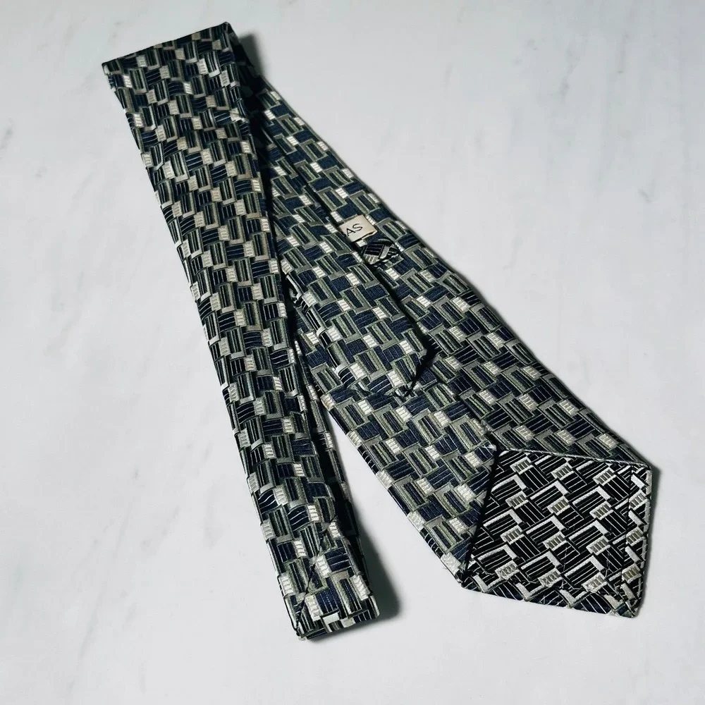 BURMA BIBAS Geometric 2-Tone Green Blue Check 100% Silk Necktie Tie